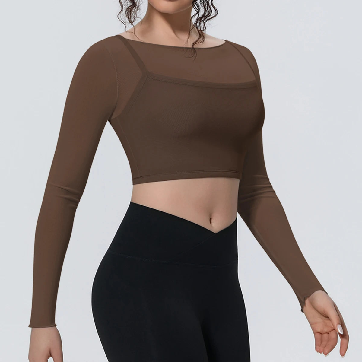 Hearuisavy Women's Mesh Long Sleeve Yoga Top With Padded Bra Fake Two Piece Gym Clothing Fitness Top Quick Dry Sports Crop Top