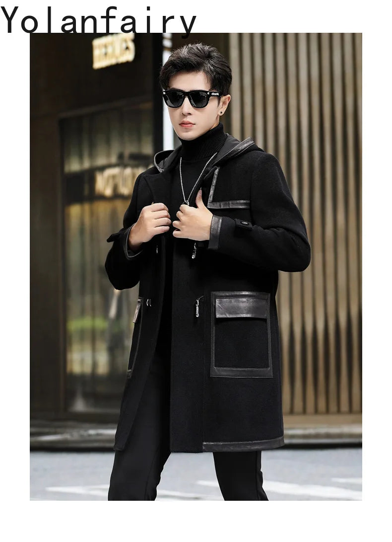 YOLANFAIRY Luxury Woolen Jackets for Man Autumn Winter Mid-length Pure Wool Patchwork Sheepskin Trench Coat Hooded Mens Jacket