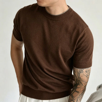 Light Luxury Cashmere Blend Anti Pilling Knitted Short Sleeved Round Neck T-shirt for Men, Retro Casual Business Summer Shirt