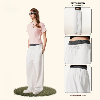 Custom LOGO Men's 2025 Summer 280G American Neutral Wind Splicing Double Waist Wide Leg Pants Sports Straight Couple Sweatpants