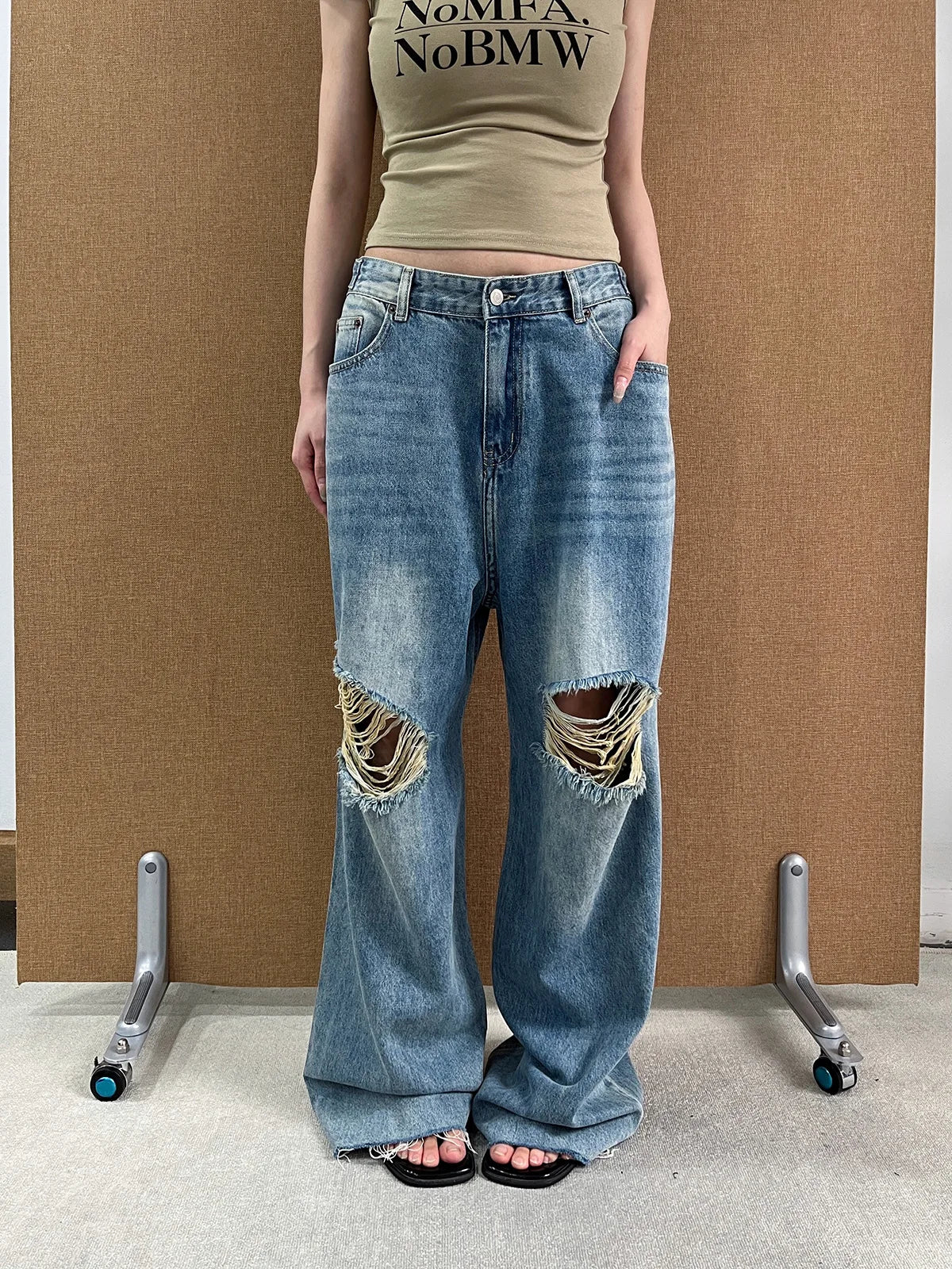 DEAT Fashion Ripped Straight Blue Jeans Women's High Waist Streetwear Denim Pants Summer New 7A4060