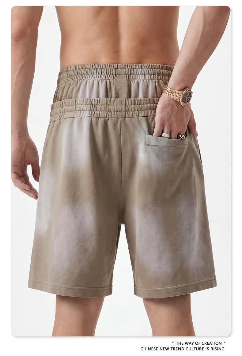 Custom LOGO men's 320G heavy 100% washed and old double waist high waist medium pants loose casual sports five-point shorts