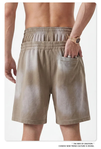 Custom LOGO men's 320G heavy 100% washed and old double waist high waist medium pants loose casual sports five-point shorts
