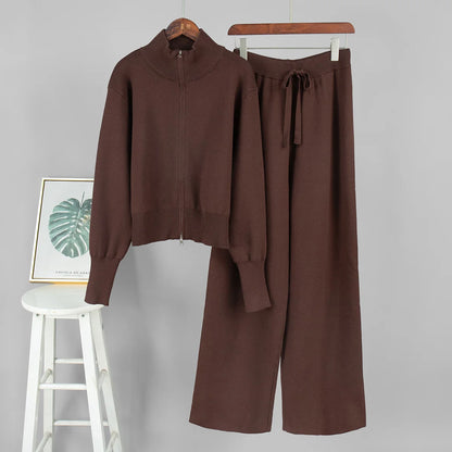Women Cotton Knitted Cardigan Wide Leg Pants Suit Autumn and Winter Lady  Fashion Loose Daily Office Jacket Straight Pants 2Pcs