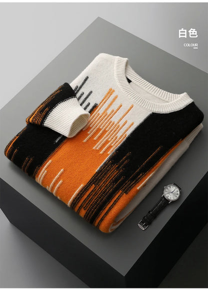 Men's 100% Merino Wool Color-Blocked O-Neck Sweater Long Sleeves Fashion Pullover Cashmere Loose Soft Warm Leisure Clothing Top