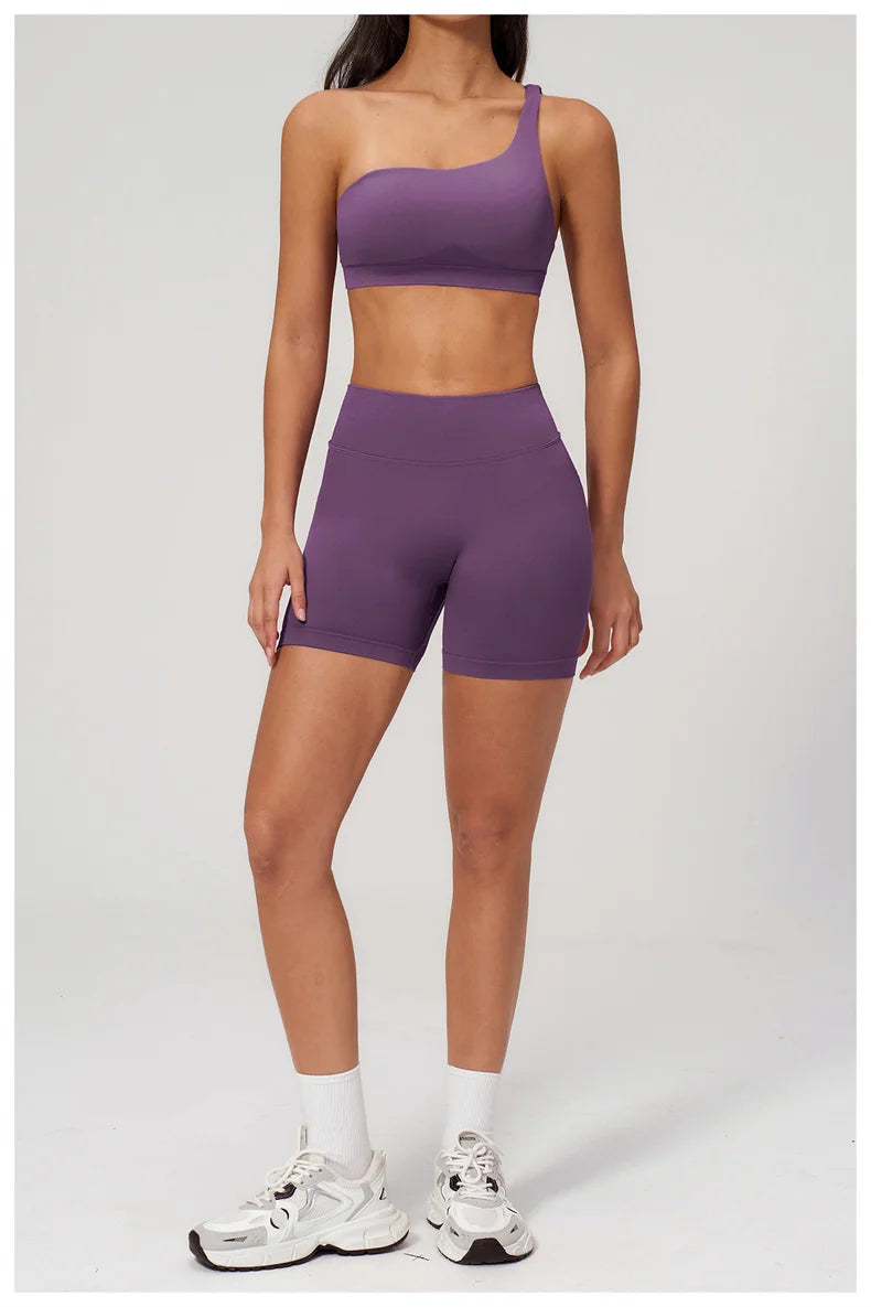 TRY TO BN Seamless Two Pieces Women's Tracksuit Yoga Shorts Set One-shoulder Hollow Backless Fitness Running Workout Gym Clothes