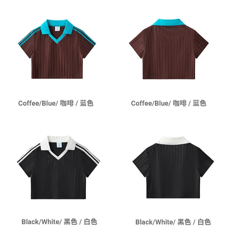 Customized LOGO Women's Spice Girls V-Neck Football Sports T-Shirt Patch Striped Casual Retro Short Sleeve Top
