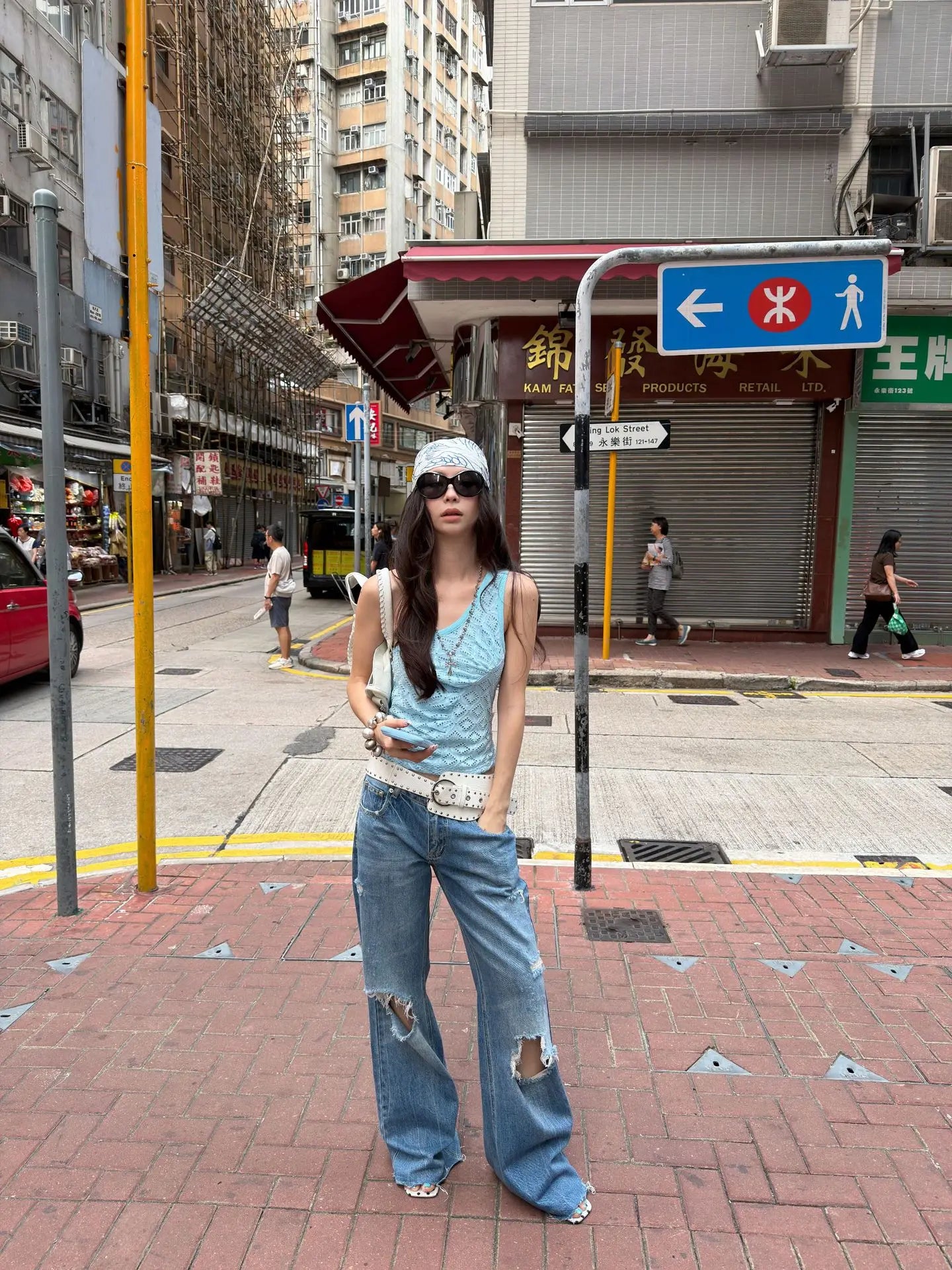 DEAT Fashion Distressed Ripped Wide Leg Jeans Women's Low Waist Frayed Hem Blue Denim Pants Summer New 7A4508