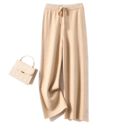 CHICUU Women Cashmere Pants Basic Casual Wide Leg Pants Autumn Winter 100% Merino Wool Knitwear Soft Korean Popular Trousers