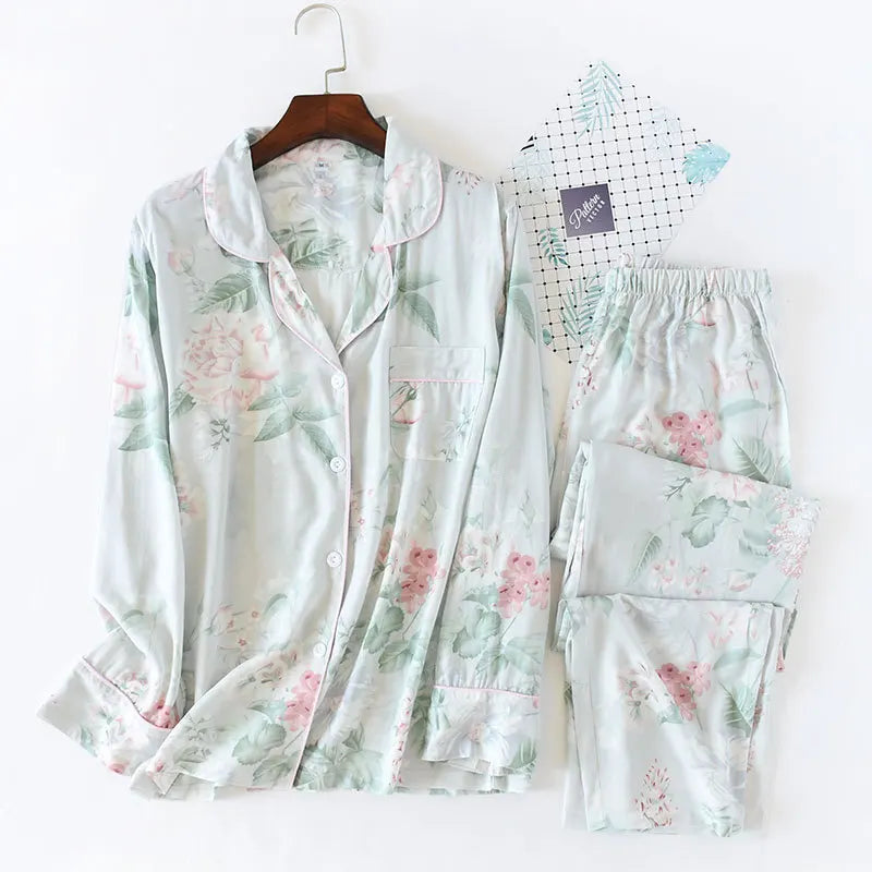 Spring and summer new 100% viscose pajamas two-piece long-sleeved trousers women's flowers comfortable plus size homewear suit