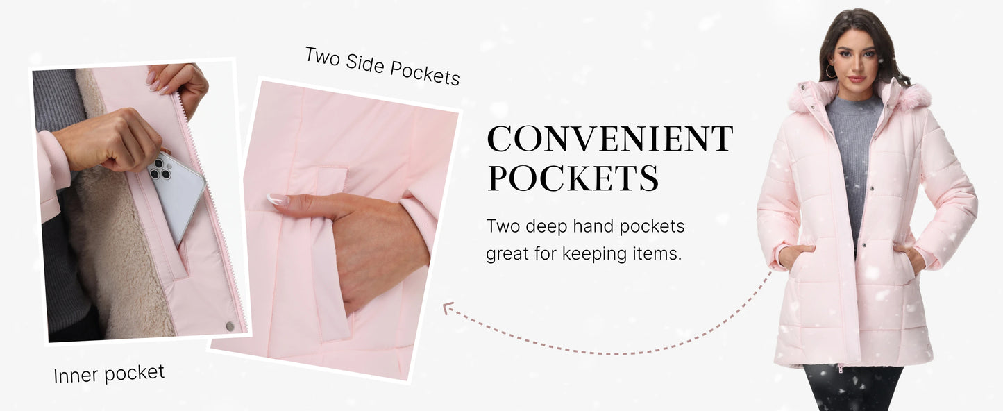 TACVASEN Womens Fleece Long Padding Winter Jacket Down Puffer Outwear with Removable Hood Waterproof Windproof Thicken Park Coat