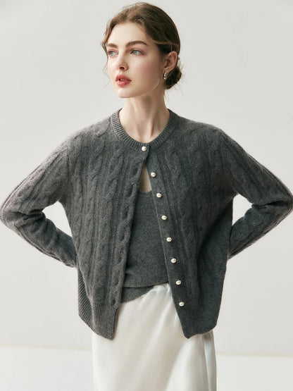 CHICUU Women's O-neck Cashmere Cardigan 100% Cashmere Sweater Cable Knit Preppy Style Cardigan Coat Autumn Winter Clothes Tops