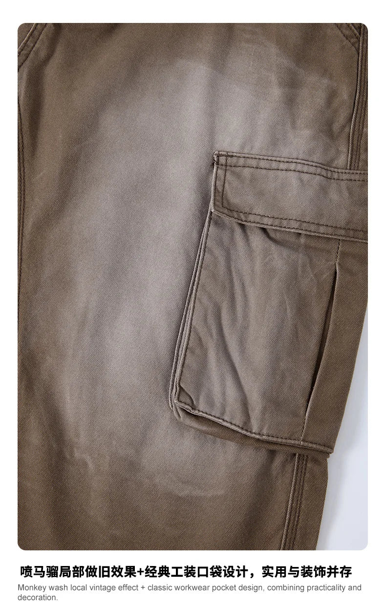 Custom LOGO men's 310G heavy 100% cotton summer American street multi-pocket retro washed old loose tooling seven-point shorts