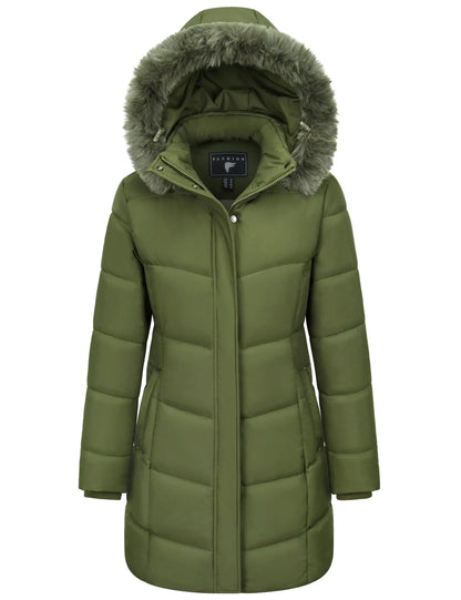 TACVASEN Womens Fleece Long Padding Winter Jacket Down Puffer Outwear with Removable Hood Waterproof Windproof Thicken Park Coat