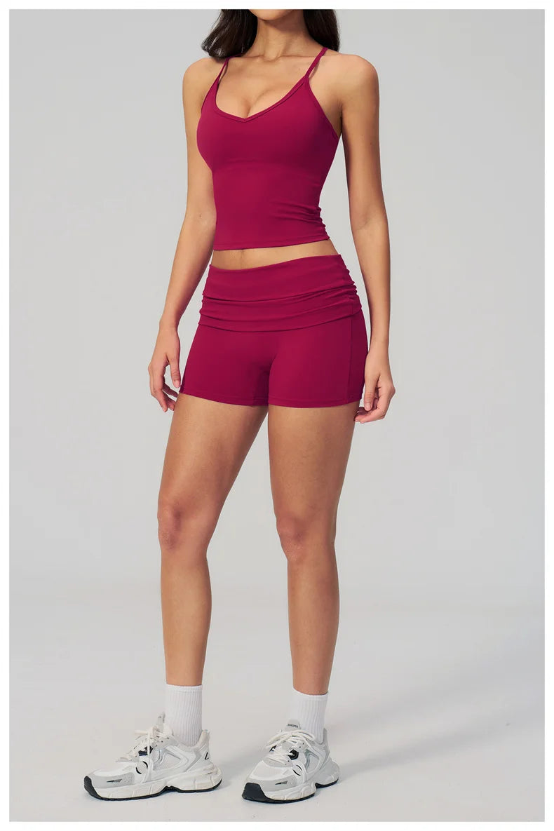 TRY TO BN Two Pieces Women's Tracksuit Vest Sling Top Set Fold-over Waist Yoga Shorts Hip Lifting Running Fitness Gym Activewear