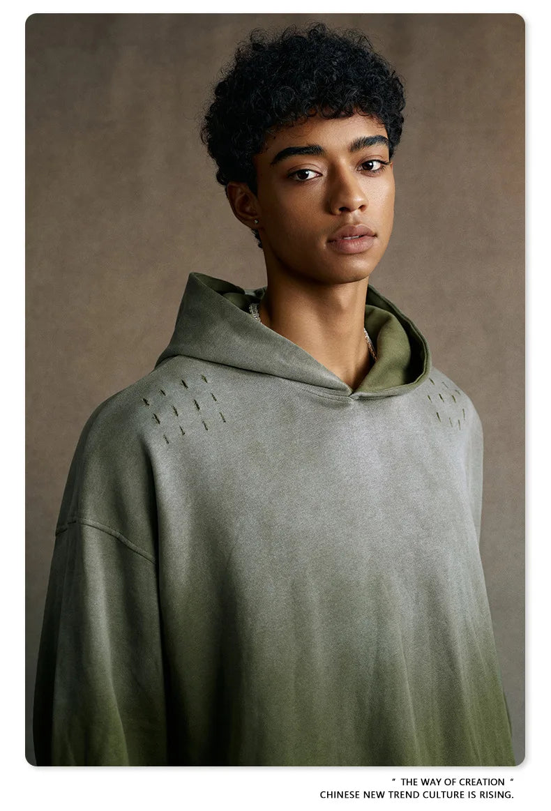 Custom LOGO men's 2025 autumn 370G heavy 100% cotton gradual change hole hooded sweater straight trousers set