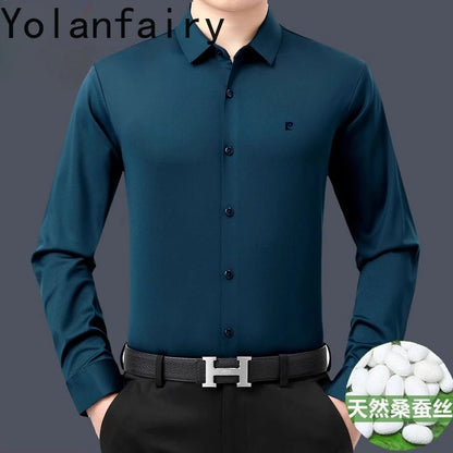 YOLANFAIRY 100% Mulberry Silk Long Sleeve Shirt Man Spring Autumn Casual Silk Mens Shirts Warm Male White Shirt chemises hommes