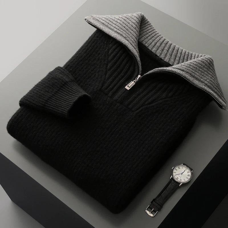 High Quality Men 100% Wool Sweater Turn Down Collar Zippers Pullover 2025 Autumn/Winter Thickened Soft Warm Knitwear Jumper Tops