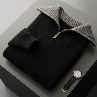 High Quality Men 100% Wool Sweater Turn Down Collar Zippers Pullover 2025 Autumn/Winter Thickened Soft Warm Knitwear Jumper Tops