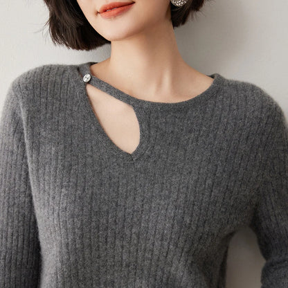CHICUU Women's 100% Cashmere Knit Pullover Sweater Cut Out Collar Long Sleeve Pullover Autumn Winter Basic Cashmere Knitwear Top