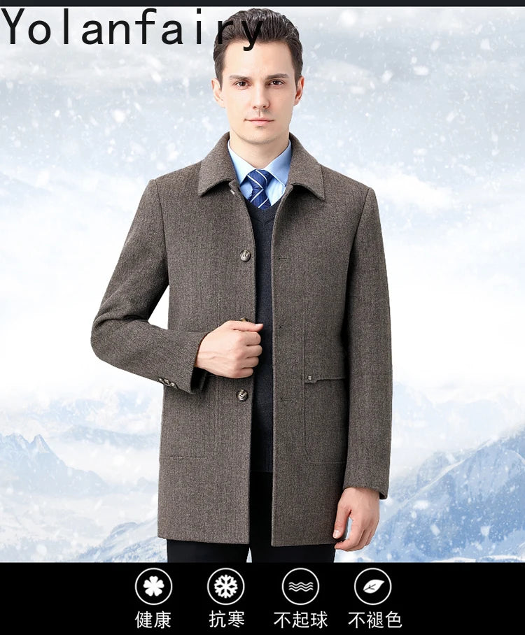 YOLANFAIRY 100% Cashmere Jacket for Men 2025 Autumn Winter Mid-length Wool Coats Man Clothing Casual Business Men's Woolen Coat