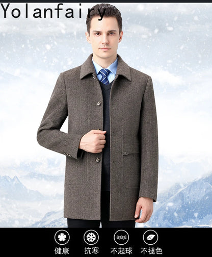 YOLANFAIRY 100% Cashmere Jacket for Men 2025 Autumn Winter Mid-length Wool Coats Man Clothing Casual Business Men's Woolen Coat