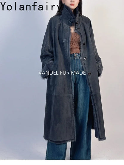 YOLANFAIRY Real Goatskin Leather Fur Coats for Women Winter High-end Natural Fur Coat Lazy Style Long Leather Jacket Luxury Wear