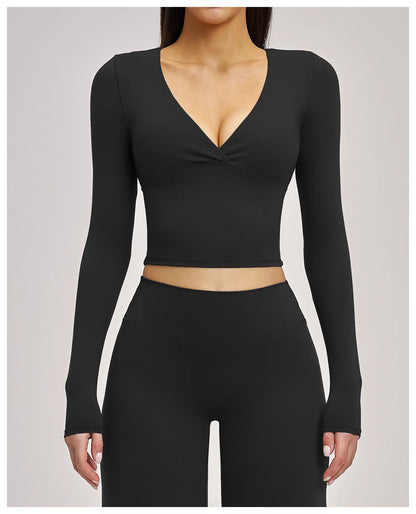 Deep-V Yoga Long Sleeve Solid Sports T-shirts Women's Gym Workout Shirts Sexy Quick Dry Fitness Long Sleeve Female Yoga Shirts