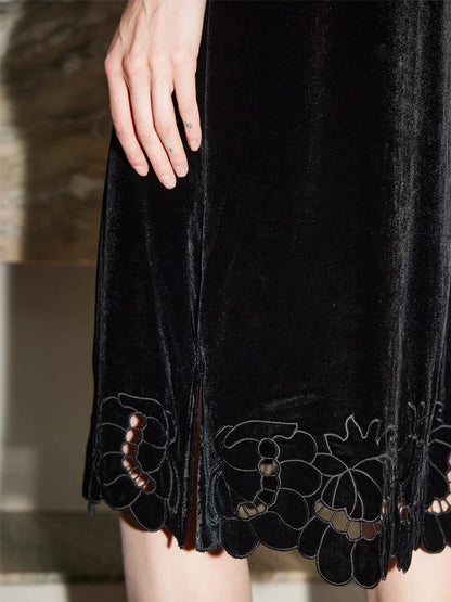SuyaDream, Women Velvet Dresses, 100%Real Silk, O Neck, Embroidery Black Mid Dress, 2026 Spring Summer Elegant Cloth