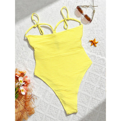 Sexy Ribbed Cut Out U Neck Women Swimwear One Piece Swimsuit Female Monokini High Cut Leg Padded Bather Bathing Suit Swim V7604