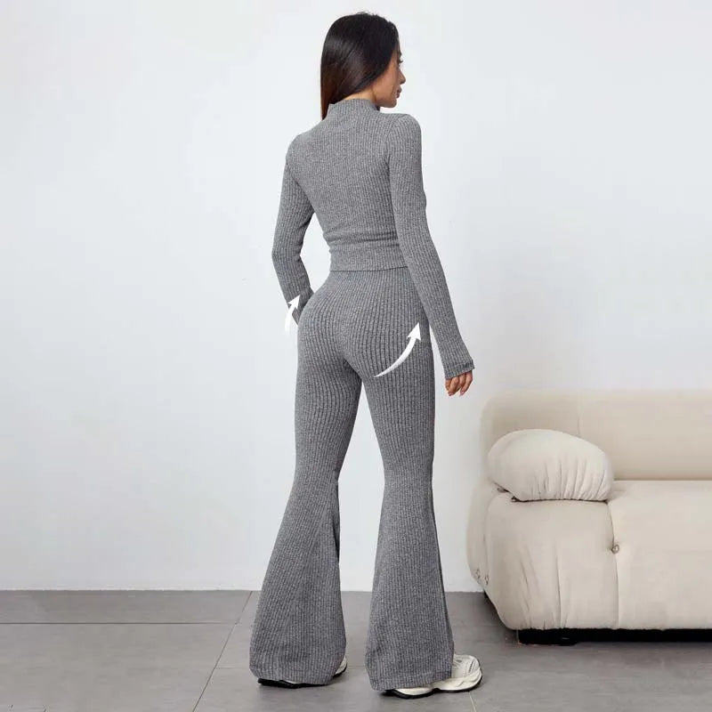 SOISOU 2 PCS Sport Running Sets Autumn Winter Women's Slim Yoga Outfit Long Sleeve Zip Jacket Flared Leggings Fitness Set