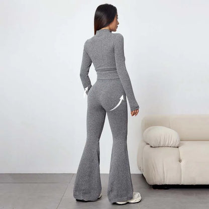 SOISOU 2 PCS Sport Running Sets Autumn Winter Women's Slim Yoga Outfit Long Sleeve Zip Jacket Flared Leggings Fitness Set