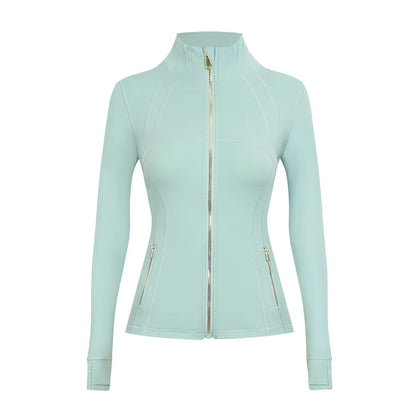 Personalized LOGO custom women's gold zip jacket tight stand-up collar quick-drying fitness running yoga suit 41-color S-3XL top