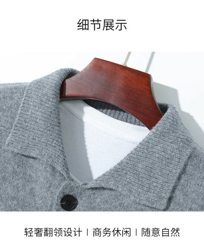 100% Merino Wool Men's Lapel Collar Knit Cardigan Coat 2025 Spring/ Autumn New POLO Neck Business Casual Cashmere Jacket Sweater