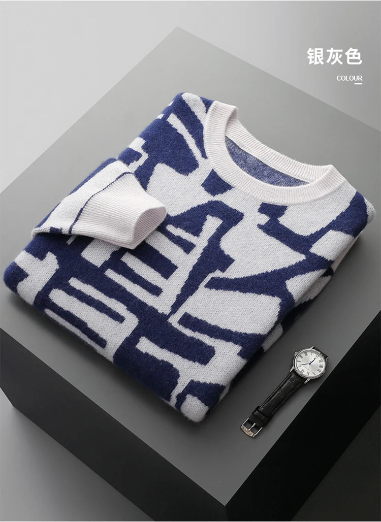 New Men's Sweater 100% Cashmere Autumn Winter Fashion Knitted Jacquard Pullover Color blocked O-Neck Thickened Men's Wear Top