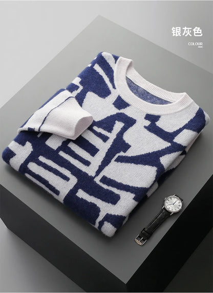 New Men's Sweater 100% Cashmere Autumn Winter Fashion Knitted Jacquard Pullover Color blocked O-Neck Thickened Men's Wear Top