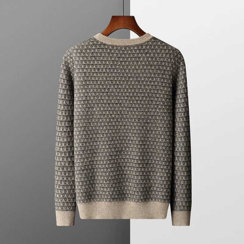 Men's Jacquard Striped 100% Pure Cashmere Pullover Sweater Autumn and Winter Thick base Sweater Casual Warm Clothing Men's Tops