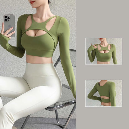 SOISOU Hollow Back Slim Fit Yoga Crop Top Women's Pilates Pullover Shockproof Sports Long Sleeve High Elastic Fitness T Shirt