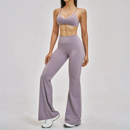 TRY TO BN Women's Tracksuit 2 Pieces Yoga Set Back Y Bra High Waist Leggings Flare Fitness Sportwear Workout Running Gym Clothes
