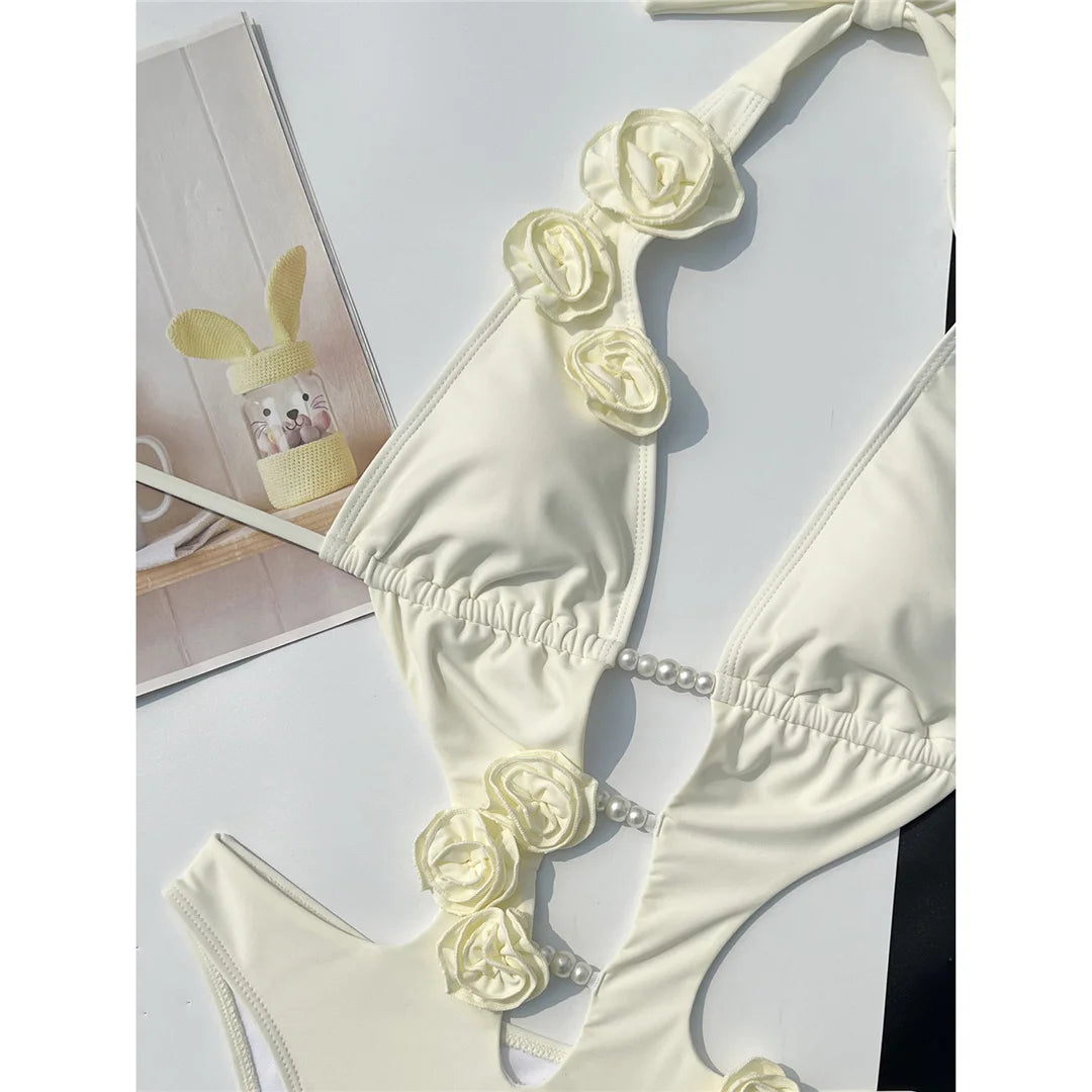 Sexy 3D Flowers Deep V Neck Halter Women Swimwear One Piece Swimsuit Female High Cut Leg Monokini Bather Bathing Suit Swim V6986