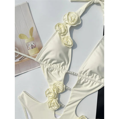 Sexy 3D Flowers Deep V Neck Halter Women Swimwear One Piece Swimsuit Female High Cut Leg Monokini Bather Bathing Suit Swim V6986