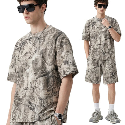 Custom LOGO men's summer camouflage splicing 240G quick-drying cotton polyester short-sleeved T-shirt loose sports shorts set