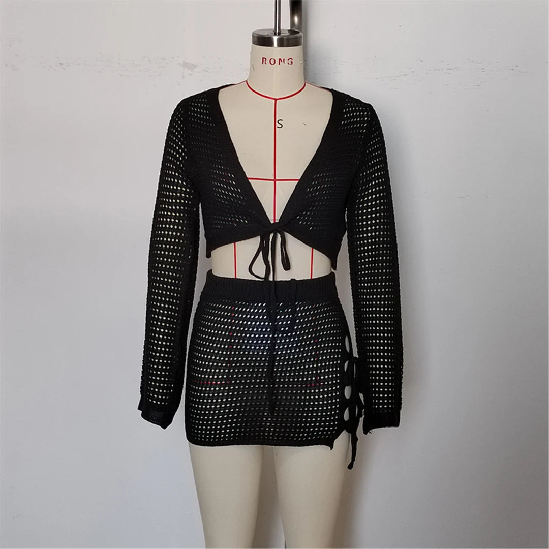 V Neck Long Sleeve Crochet Knitted 2 Pieces Suits Beach Cover Up Cover-ups Beach Dress Beach Wear Beachwear Female Women V6490