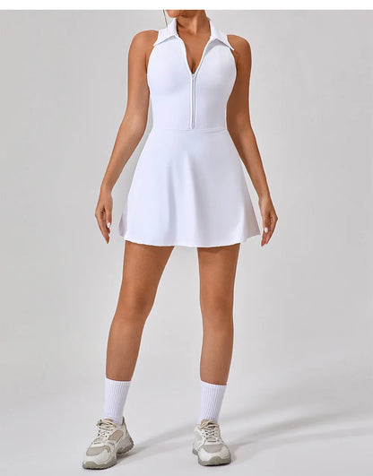 Women's Tennis Dress Women Turn Down Collar Front Zipper 2-in-1 Golf Sports Tight Dress Fitness Workout Running Pocket Skort