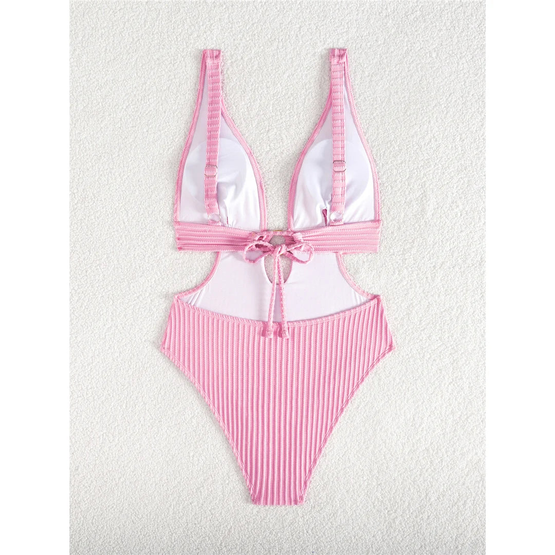 Sexy 8 Colors Deep V Neck Cut Out One Piece Swimsuit Women Swimwear Female High Leg Cut Monokini Bather Bathing Suit Swim V7177