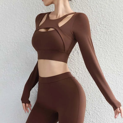 SOISOU Hollow Back Slim Fit Yoga Crop Top Women's Pilates Pullover Shockproof Sports Long Sleeve High Elastic Fitness T Shirt