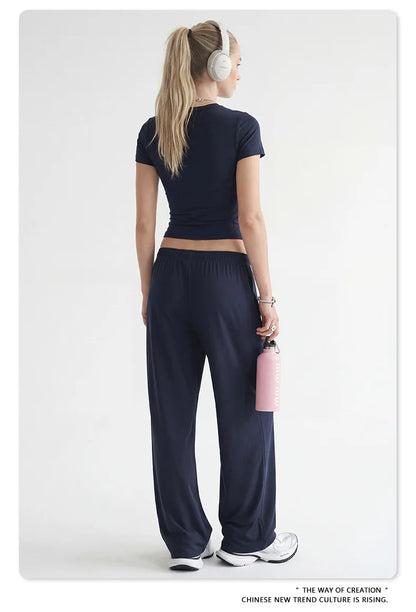 Custom LOGO women's spring summer new 200G high-elastic short slim-fit short-sleeved trousers casual sports two-piece set