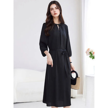 SuyaDream, Women Elegant Dresses, Real Silk, O Neck, 3/4 Sleeved, Black Mid Dress, 2026 Spring Summer Cloth