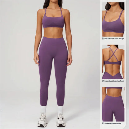 TRY TO BN Women Tracksuit 2 Piece Yoga Set Cross Bra High Waist V Waist Leggings Tummy Control Butt Lifting Workout Running Gym