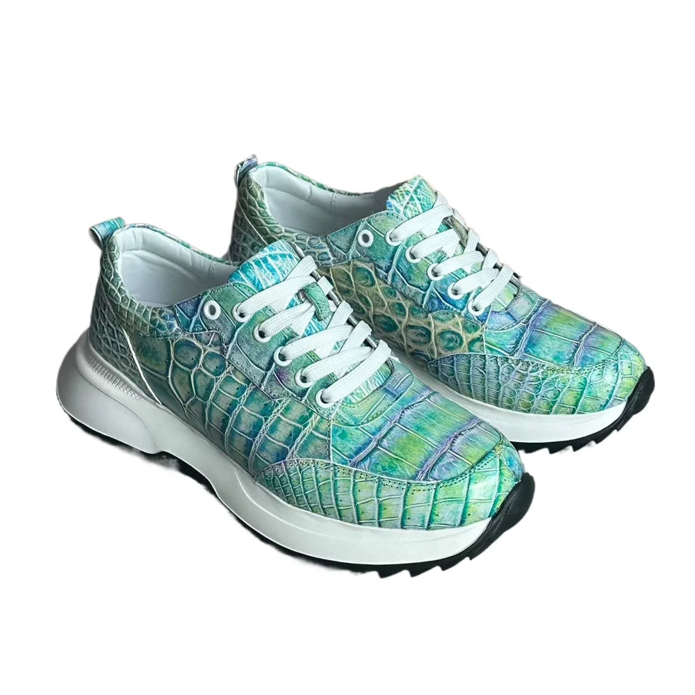 Designer real crocodile leather hand-painted aurora blue men's fashion sneakers crocodile leather men's lace-up casual shoes